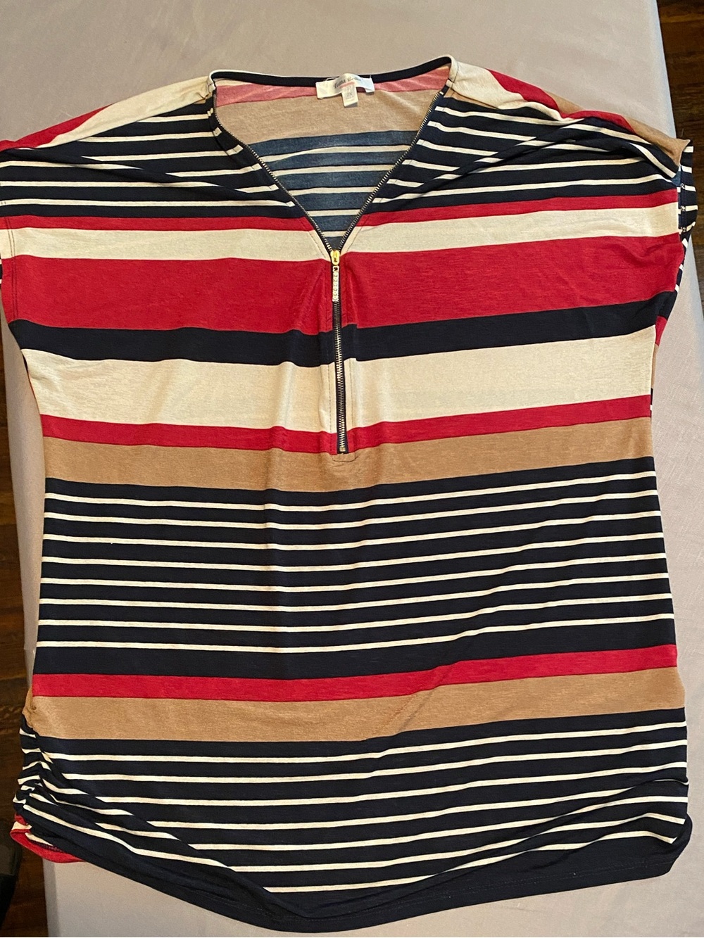 Striped Short-Sleeve Zip Front Blouse in Navy, Red & Tan